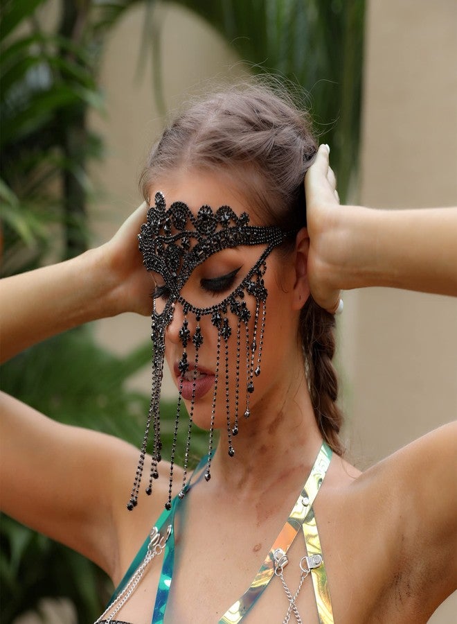 MineSign Masquerade Mask for Women Face Chain Veil Jewelry with Black Rhinestone Tassel Costume Headware for Festival Halloween - Image 2