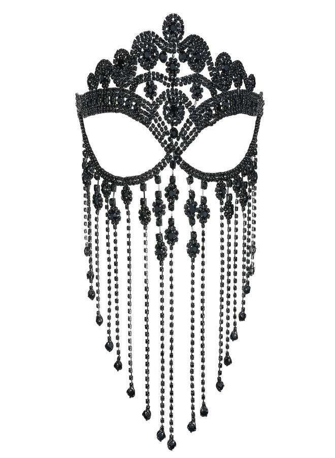 MineSign Masquerade Mask for Women Face Chain Veil Jewelry with Black Rhinestone Tassel Costume Headware for Festival Halloween - Image 1
