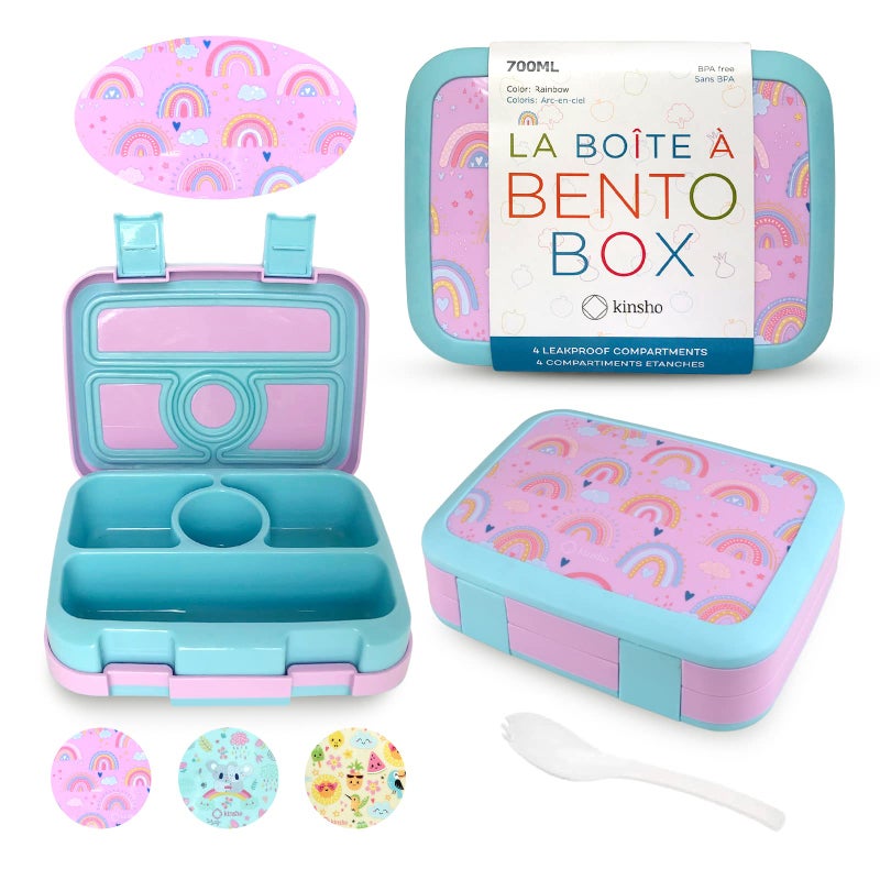kinsho Kids Bento Lunch Box Reusable Meal and Snack Container Lunch Boxes For Small Girls Toddlers Lunches 4 Compartment School Daycare DropProof BPA Free Purple Rainbow