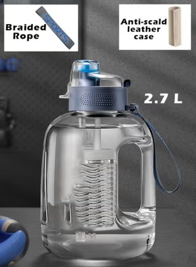 KLNAMAEAAN Large Capacity Fitness Sports Water Bottle with Tea Compartment, Straw, Scale and Handle, Includes Free Leather Case and Carrying Rope 2.7 Litter - Image 1