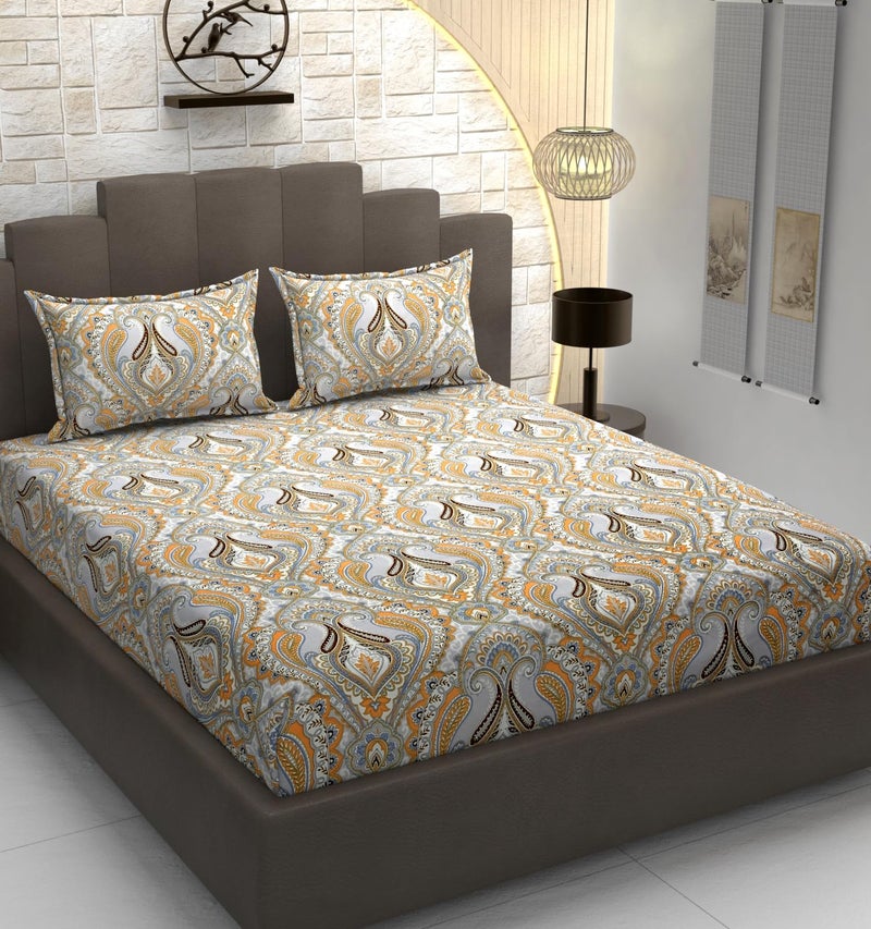 DECOREZA 320 TC Cotton Feel Elastic Fitted King Size Bedsheet 72x78 +10 Inch with 2 Pillow Covers | Glace Cotton | Wrinkle-Free | Bedsheet for Double Bed - (Golden Retro, King Size 72" x 78") - Image 1