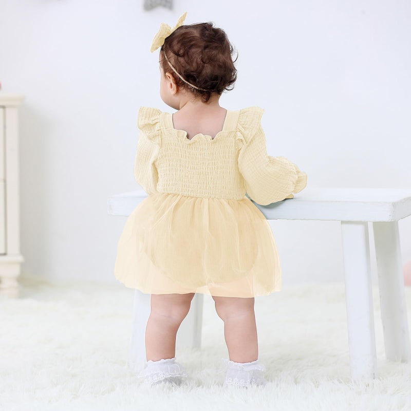 TITKKOP Baby Girl 1st Birthday Clothes One Year Old Tulle Romper Long Sleeve Bodysuit Cake Smash Outfits(apricot,12-18M) - Image 4