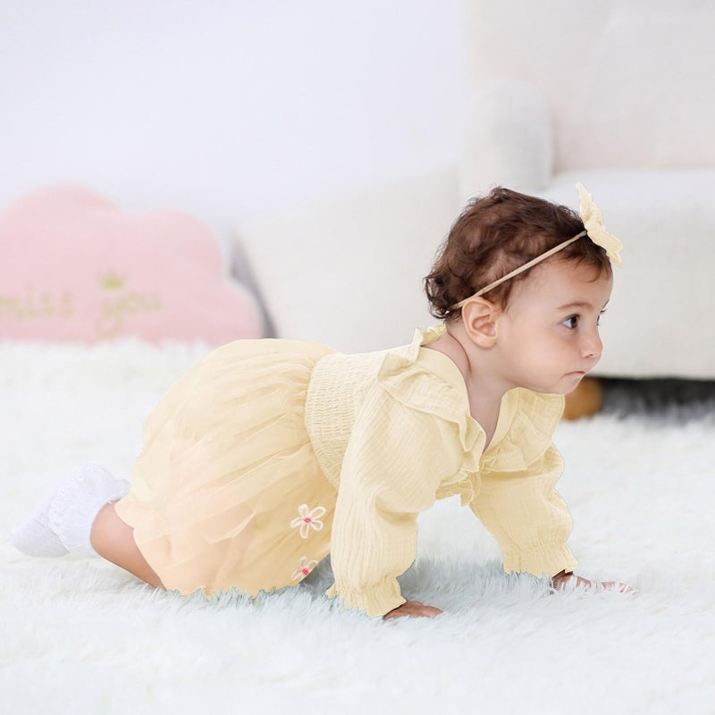 TITKKOP Baby Girl 1st Birthday Clothes One Year Old Tulle Romper Long Sleeve Bodysuit Cake Smash Outfits(apricot,12-18M) - Image 3