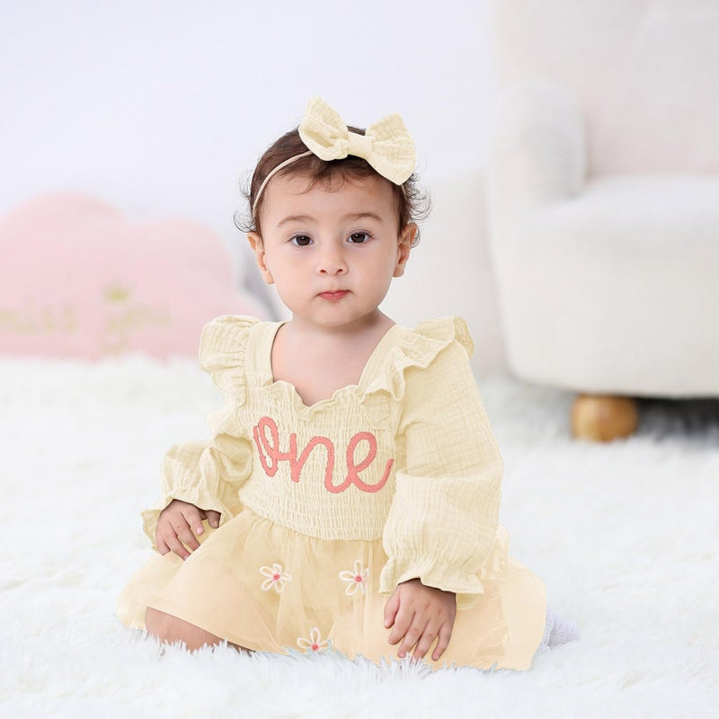 TITKKOP Baby Girl 1st Birthday Clothes One Year Old Tulle Romper Long Sleeve Bodysuit Cake Smash Outfits(apricot,12-18M) - Image 2