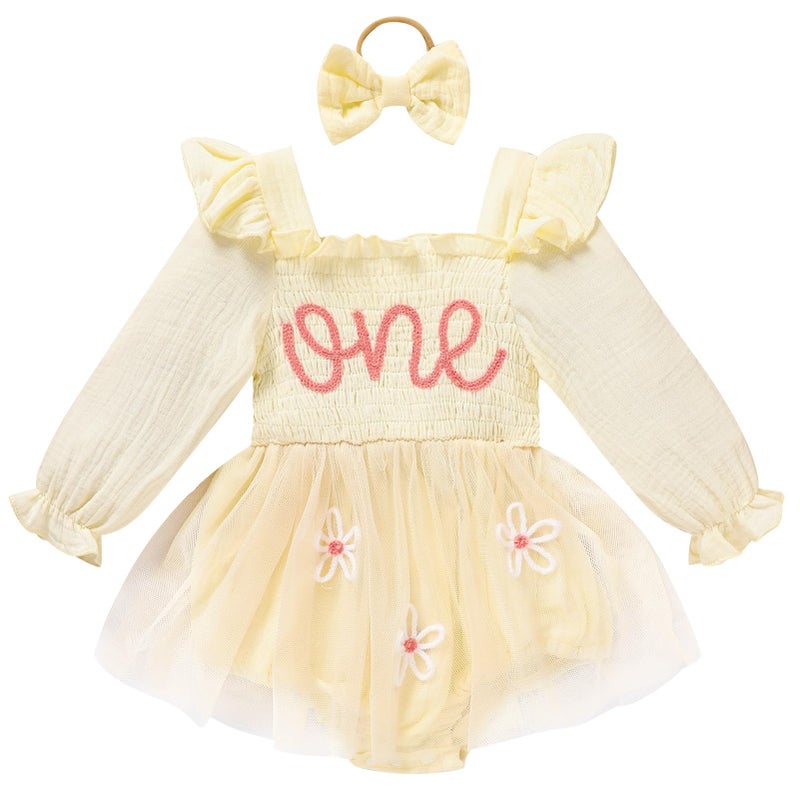TITKKOP Baby Girl 1st Birthday Clothes One Year Old Tulle Romper Long Sleeve Bodysuit Cake Smash Outfits(apricot,12-18M) - Image 1
