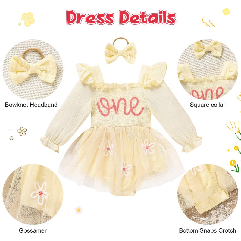 TITKKOP Baby Girl 1st Birthday Clothes One Year Old Tulle Romper Long Sleeve Bodysuit Cake Smash Outfits(apricot,12-18M) - Image 5