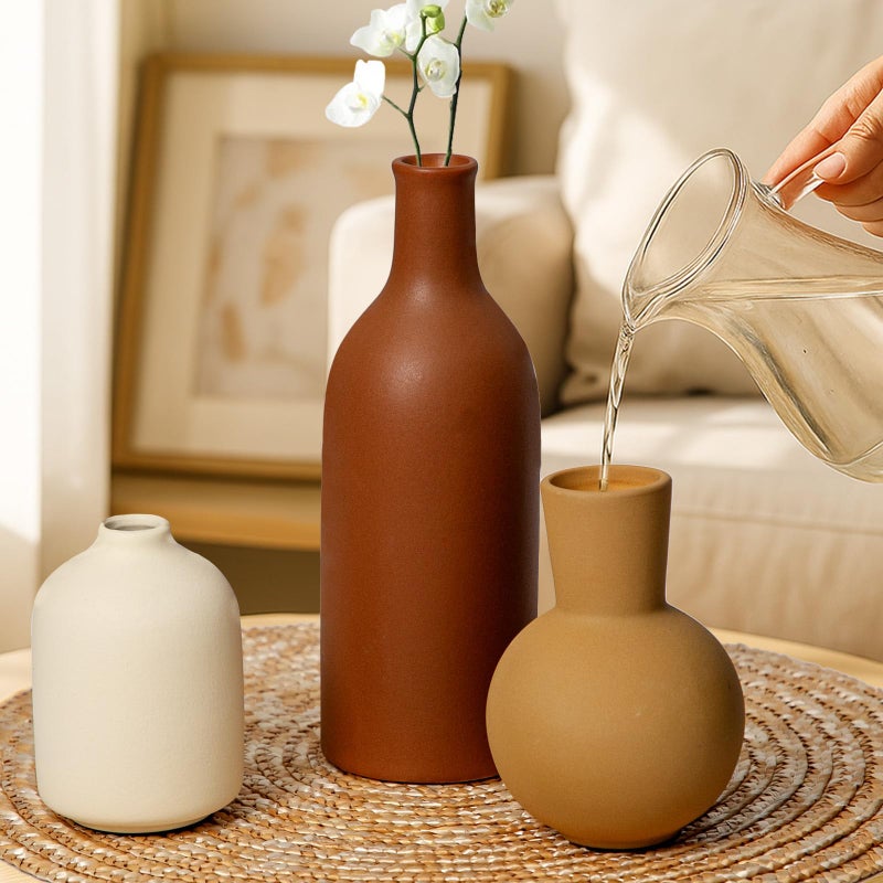 Nucookery Ceramic Vase, Flower Vases Set of 3 Living Room Decor, Farmhouse Decor, Decorative Vase for Home Coffee Table, Book Shelf, Kitchen, Bedroom Centerpiece Table Decorations - Image 4