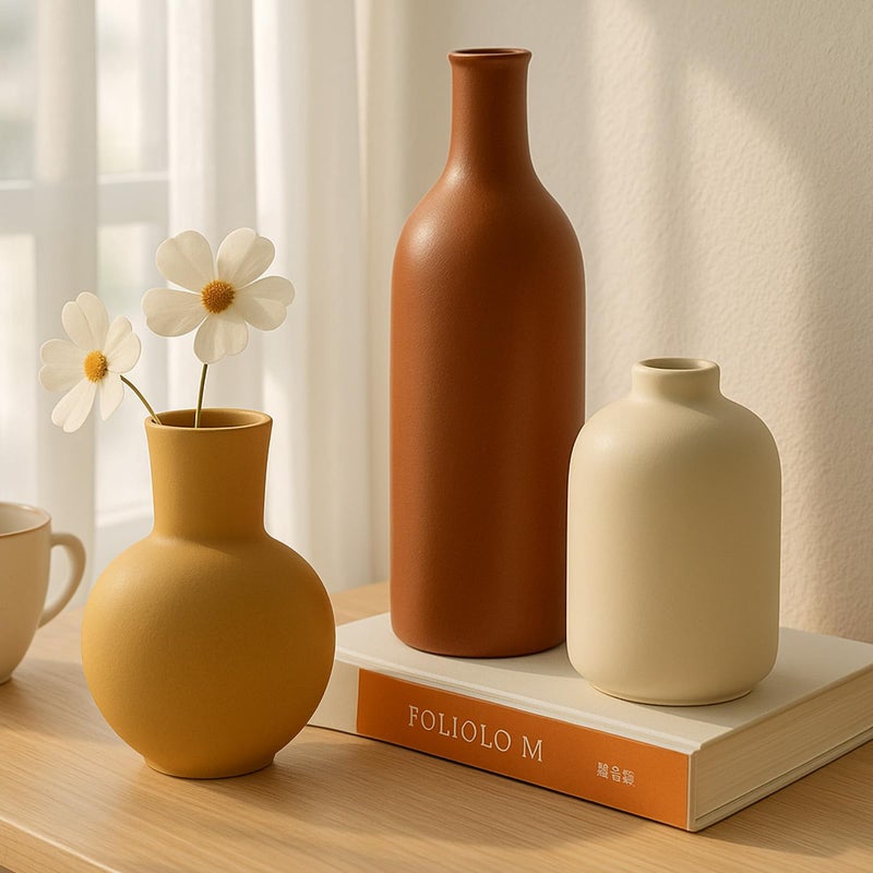 Nucookery Ceramic Vase, Flower Vases Set of 3 Living Room Decor, Farmhouse Decor, Decorative Vase for Home Coffee Table, Book Shelf, Kitchen, Bedroom Centerpiece Table Decorations - Image 5