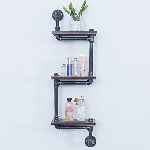 OLDRAINBOW Industrial Pipe Shelving Wall Mounted,11.8in Metal Floating Shelves,Real Wood Book Shelves,Wall Shelf Bookshelf Shelves Bar Shelving(3 Tier) - Image 2