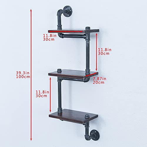 OLDRAINBOW Industrial Pipe Shelving Wall Mounted,11.8in Metal Floating Shelves,Real Wood Book Shelves,Wall Shelf Bookshelf Shelves Bar Shelving(3 Tier) - Image 3