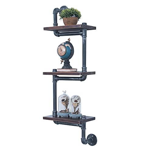 OLDRAINBOW Industrial Pipe Shelving Wall Mounted,11.8in Metal Floating Shelves,Real Wood Book Shelves,Wall Shelf Bookshelf Shelves Bar Shelving(3 Tier) - Image 1