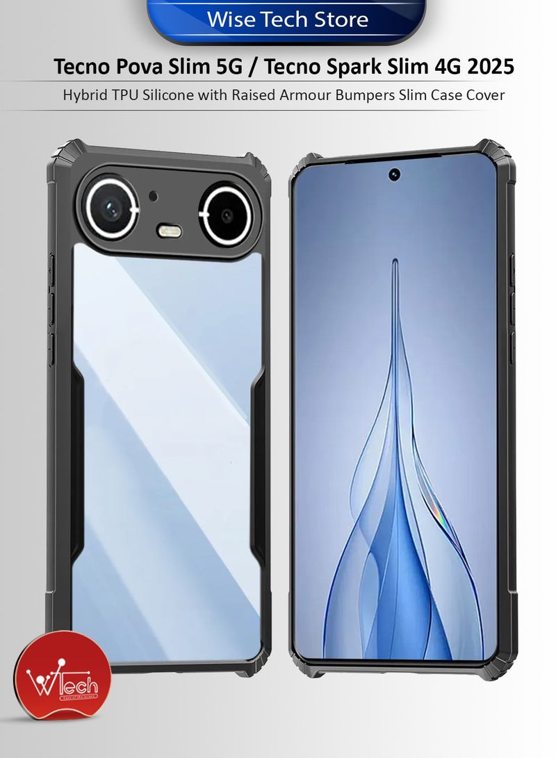 دبليو تيك غطاء حماية رقيق لهاتف Tecno Pova Slim 5G / Tecno Spark Slim 4G 2025 من سيليكون TPU مع حواجز واقية بارزة (MCAPSA) - شفاف/أسود - Image 1