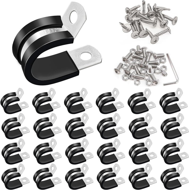 Taiss 50PCS 1/2 Inch Cable Clamps 304 Stainless Steel Rubber Cushion Insulated Wire Clamp,Pipe Clamps Loop Clamps,Metal Clamp With two kinds of screws (13mm) - Image 1