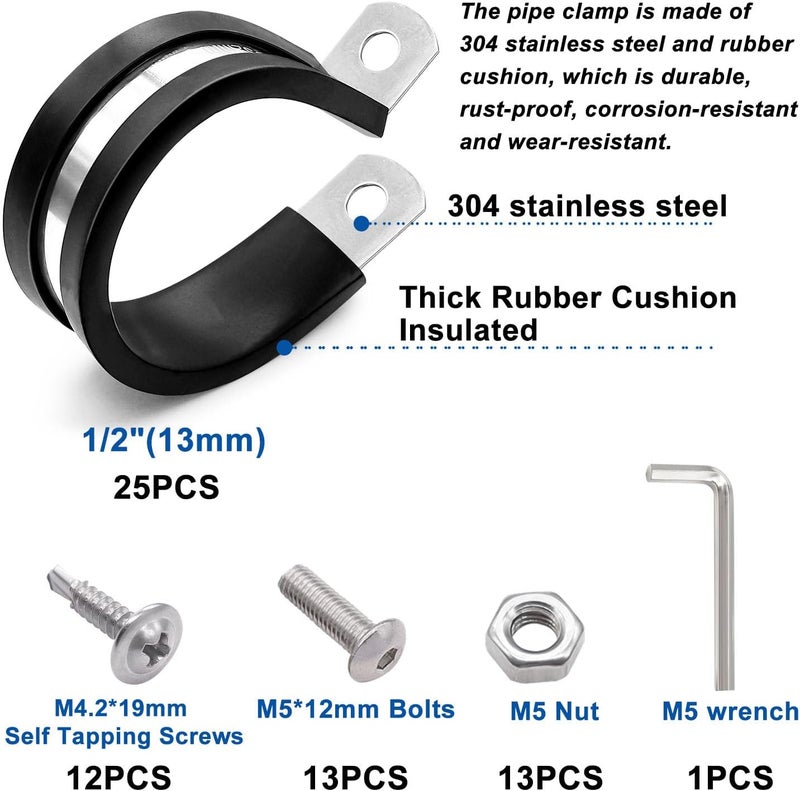 Taiss 50PCS 1/2 Inch Cable Clamps 304 Stainless Steel Rubber Cushion Insulated Wire Clamp,Pipe Clamps Loop Clamps,Metal Clamp With two kinds of screws (13mm) - Image 2