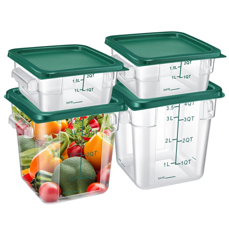 Barydat 4 Pcs Food Storage Container with Lids 2Qt and 4Qt Square Commercial Containers with Scales and Handles Polycarbonate Clear Food Storage for Kitchen Proof Dough Marinating MeatGreen