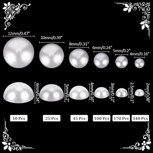 PH PandaHall 6 Sizes White Flat Back Pearls Cabochon 690pcs Flat Pearls Gems for Cup Nails Crafts Shoes Hairband Scrapbooking Embellishment Makeup Wedding Phone Case Making 4mm 5mm 6mm 8mm 10mm 12mm - Image 3