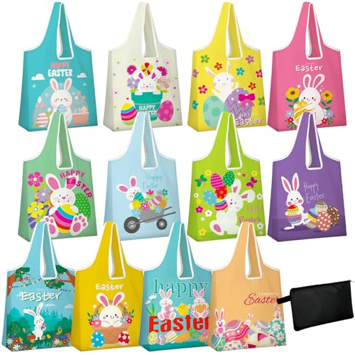 Sunnymove 12 Pcs Easter Reusable Grocery Bags Bulk Happy Easter Storage Pouch Bunny Shopping Bags Rabbit Eggs Foldable Machine Washable Tote Zipper Pouch for Egg Hunts Party Shopping Gift Wrapping - Image 1