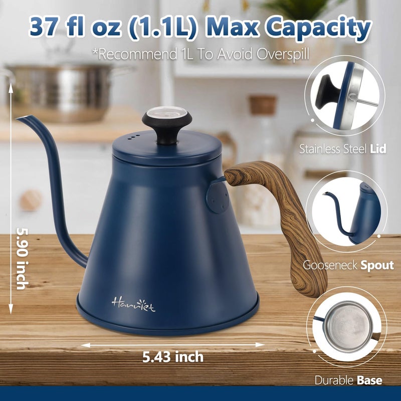 Harriet Gooseneck Kettle with Thermometer for Pour Over Coffee and Tea, 37 fl oz, Stainless Steel, Durable 3-Layer Base, Ideal Spout for Precision Pouring, Compatible with all Stove Tops, Blue - Image 4