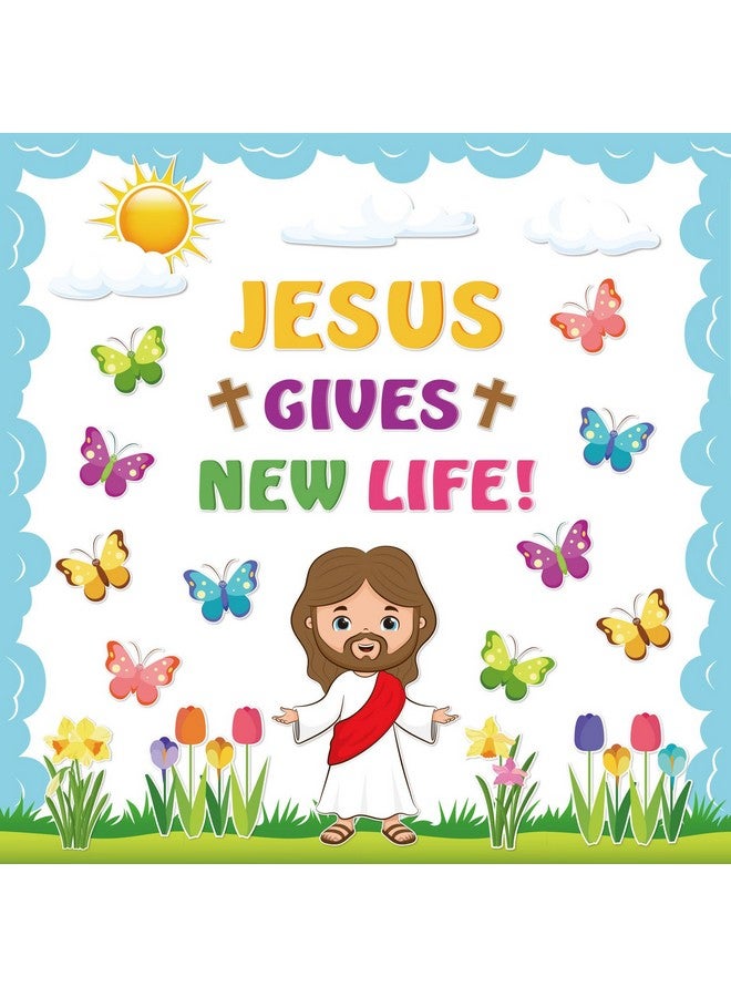 Whaline 70Pcs Easter Bulletin Board Decoration Religious Jesus Gives New Life Butterfly Flower Cutouts Board Border Spring Easter Classroom Decor For School Home Wall Decoration - Image 1