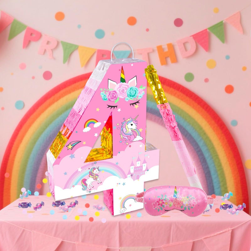 Lcoor Unicorn Birthday Decorations,15.75inch Unicorn Number 4 Pinata, Pink & Gold Foil PiÃ±ata with Blindfold Stick Confetti - Image 5