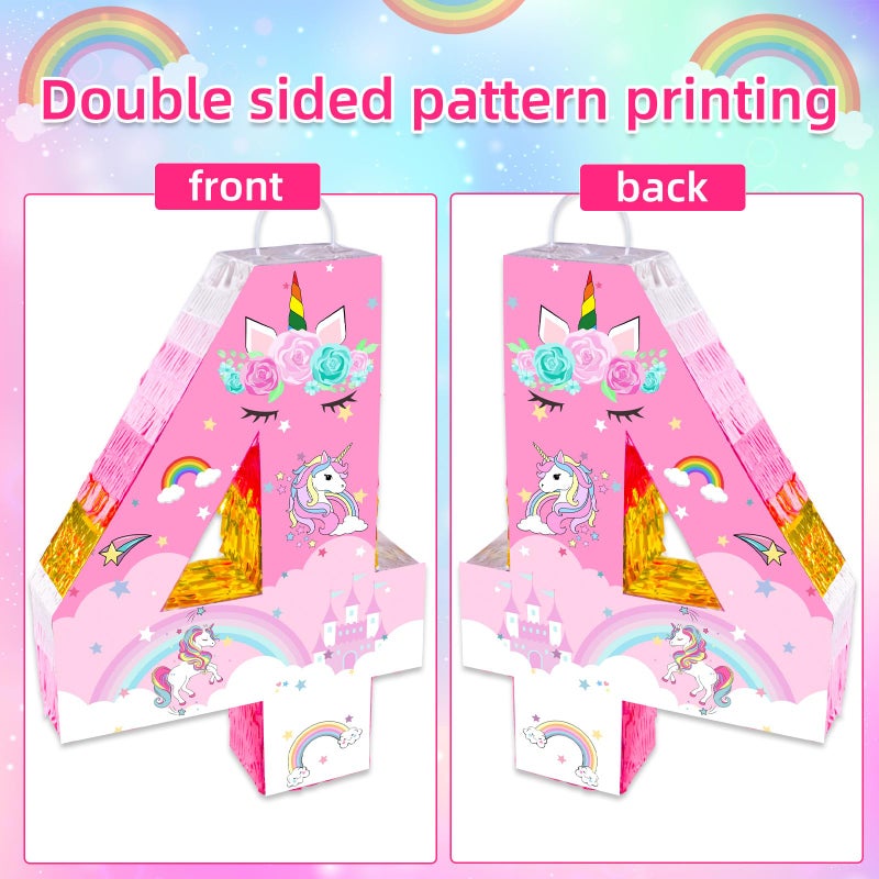 Lcoor Unicorn Birthday Decorations,15.75inch Unicorn Number 4 Pinata, Pink & Gold Foil PiÃ±ata with Blindfold Stick Confetti - Image 4