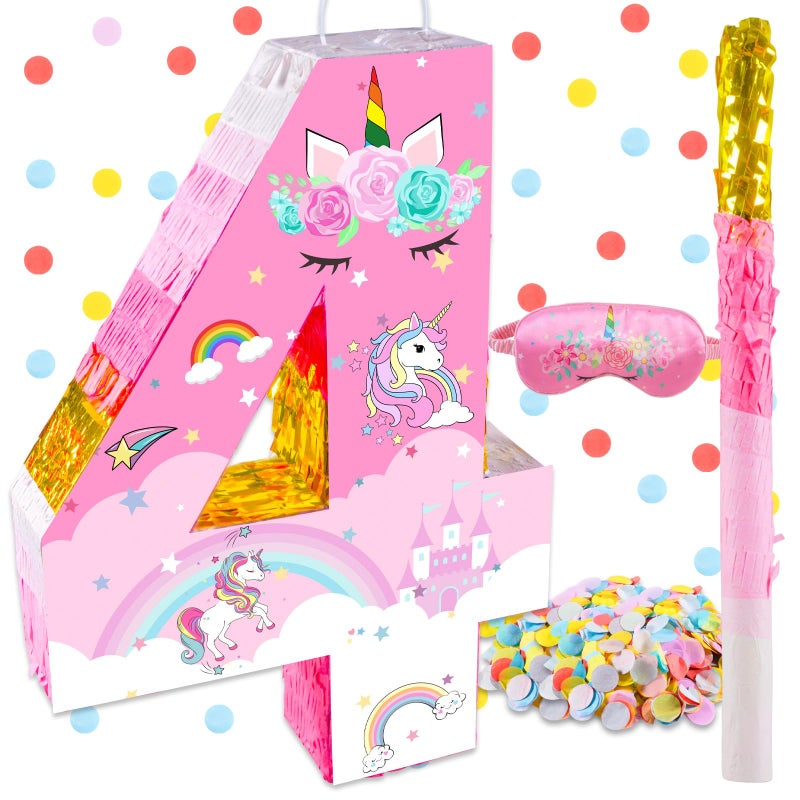Lcoor Unicorn Birthday Decorations,15.75inch Unicorn Number 4 Pinata, Pink & Gold Foil PiÃ±ata with Blindfold Stick Confetti - Image 1
