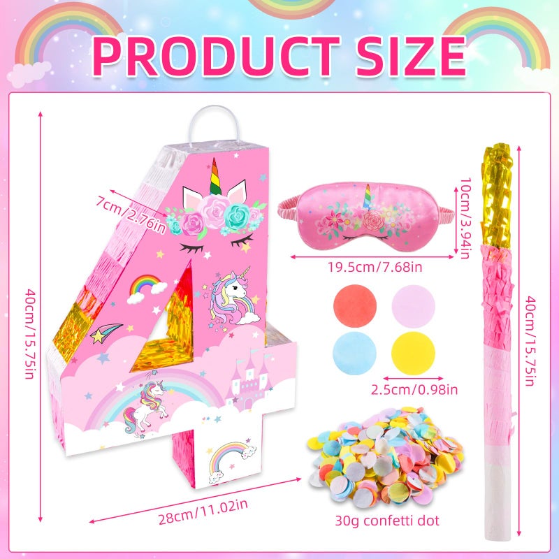 Lcoor Unicorn Birthday Decorations,15.75inch Unicorn Number 4 Pinata, Pink & Gold Foil PiÃ±ata with Blindfold Stick Confetti - Image 3