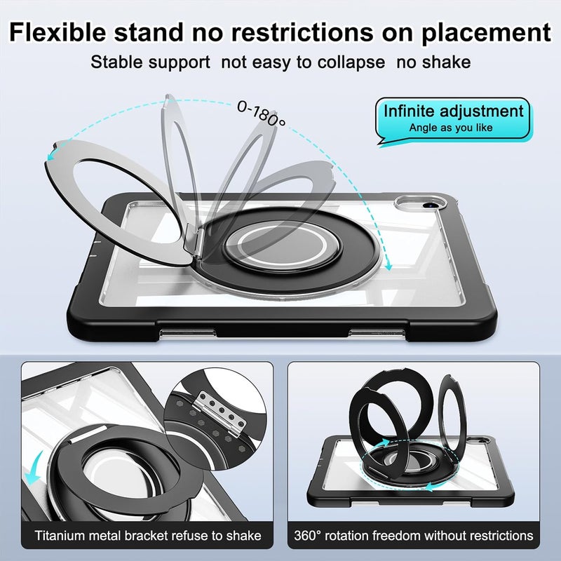 OSALO Case for iPad 11th 11 Inch 2025 & iPad 10th 10.9 Inch 2022 Case with 360 Rotatable Ring Handle Grip Stand, Shockproof Tablet Protective Cover with Clear Back, Black - Image 4