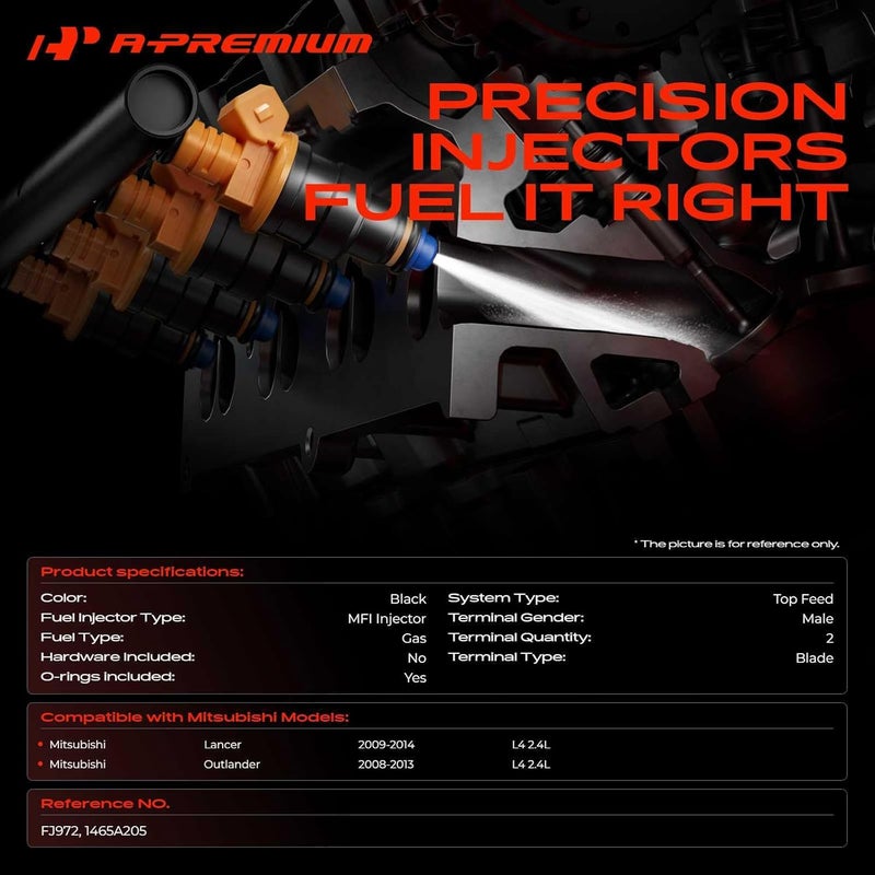 A-Premium مجموعة حقن وقود A-Premium لموديلات ميتسوبيشي أوتلاندر ولانسر، 4 قطع، L4 2.4L، استبدال# 1465A205 - Image 2
