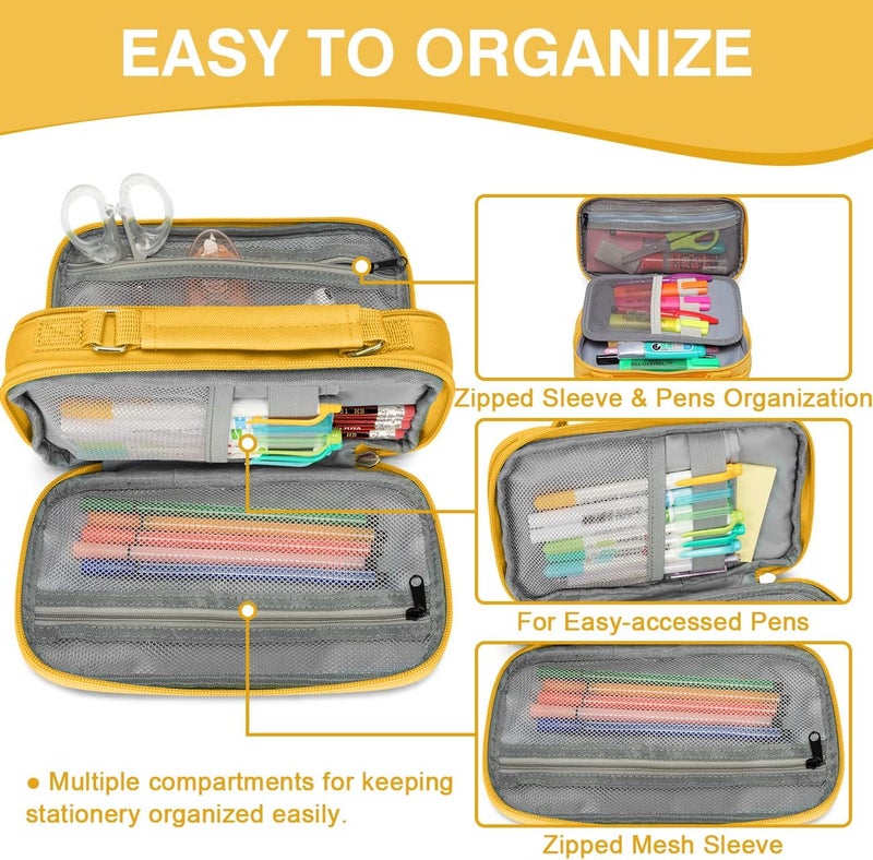 Vaschy Pencil Case,VASCHY Large Pencil Pouch with Compartments for Middle School,Work,Office Pen Organizer Holder School Supply Yellow - Image 3