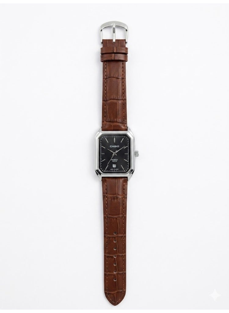 Casio Vintage Men's Rectangular Watch - Black Dial with Date - Brown Croc-Embossed Leather Strap - Image 1