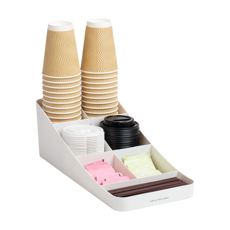 Mind Reader 7 Compartment Coffee Condiment, Cups, Lids, Sugars, Stirrers,Storage Organizer, White - Image 1