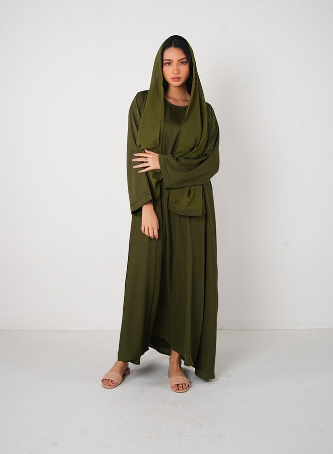 JAMEELA Olive Green Classic Open Abaya 3 pieces Set - Image 1