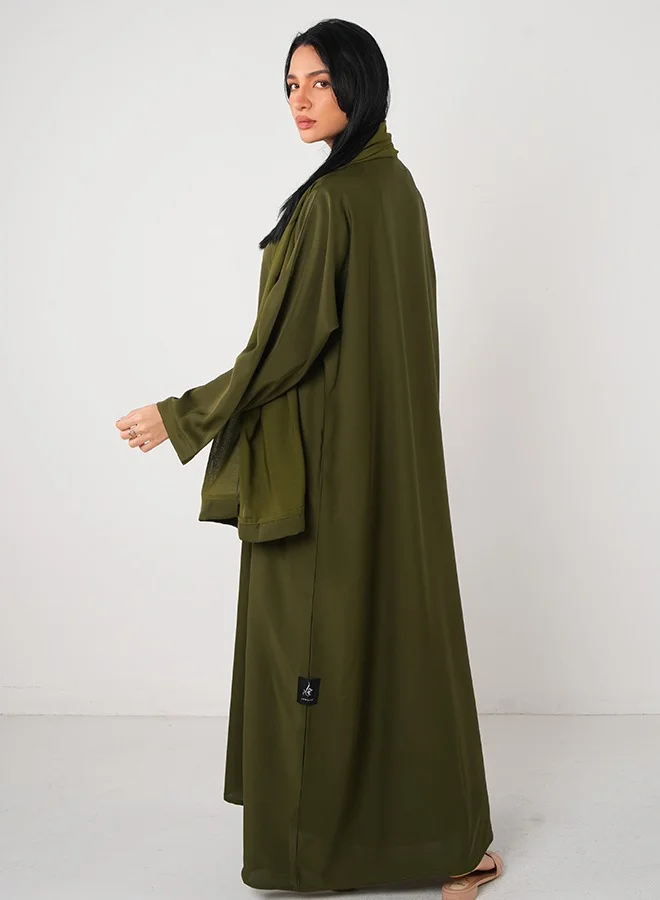 JAMEELA Olive Green Classic Open Abaya 3 pieces Set