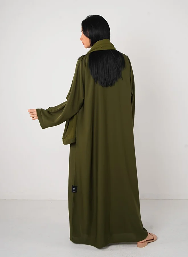 JAMEELA Olive Green Classic Open Abaya 3 pieces Set