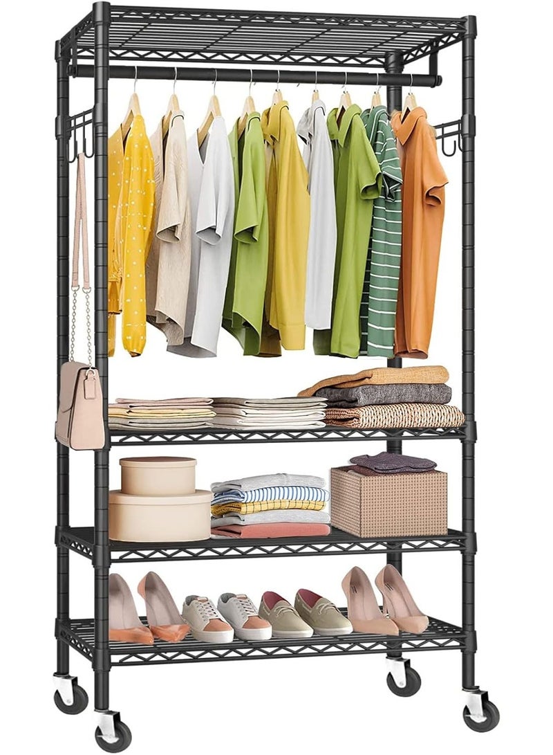 Forthcan Wire Clothes Rails, 4 Tiers Heavy Duty Clothes Rail with Storage Shelves for Hanging Clothes Large Clothing Rail Garment Rack Freestanding Closet with Hanging Rod, Max Load 500LBS, Black - Image 1