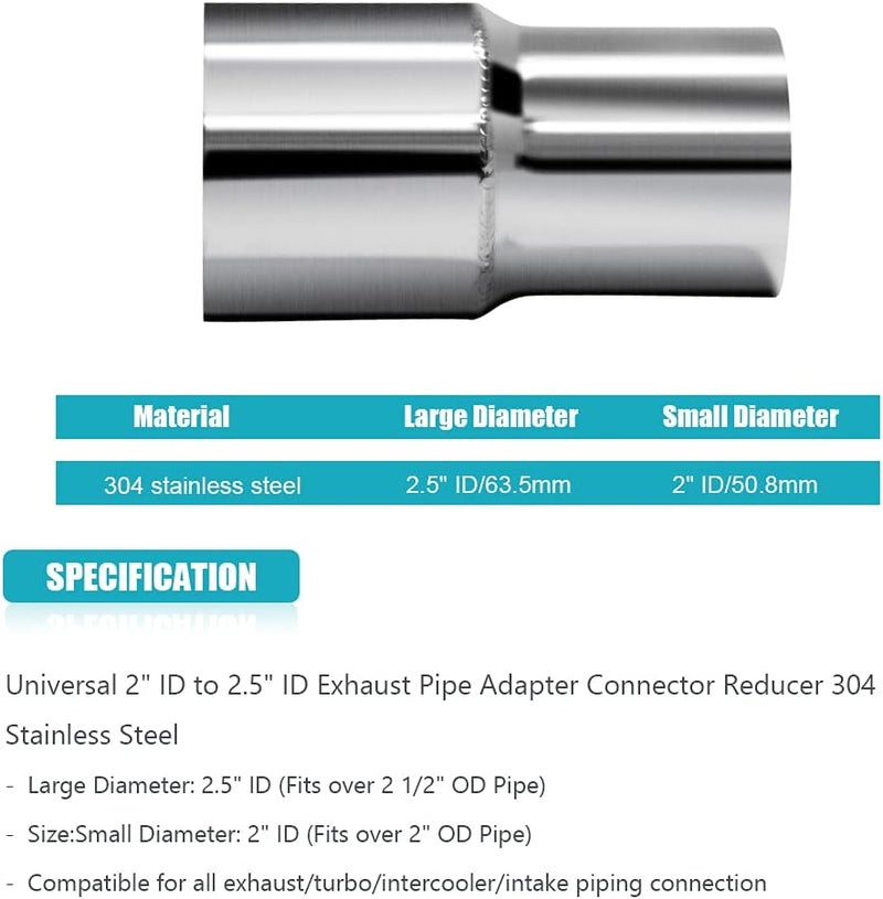 A ABIGAIL Universal 2" ID to 2.5" ID Exhaust Pipe Adapter Connector Reducer - 304 Stainless Steel - Image 4