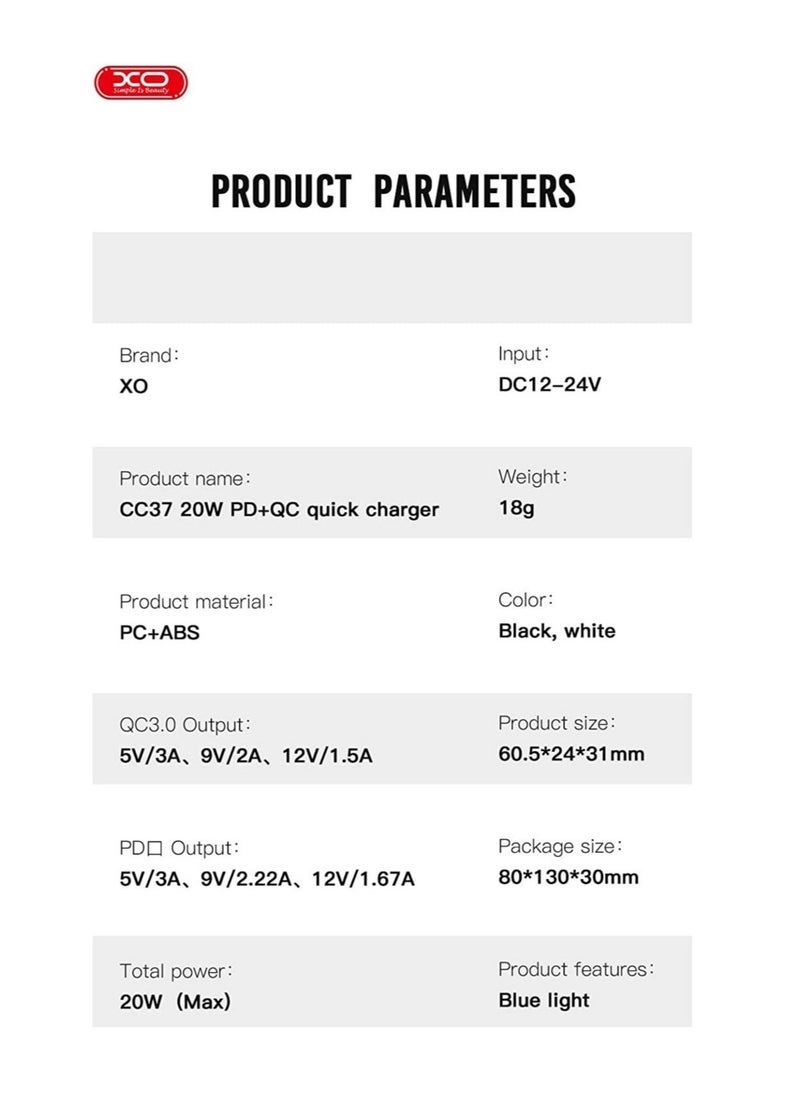 Raxoom XO CC37 20W PD+QC Quick Charger Dual USB Fast Charging Car Power Adapter for 13 Pro/13 Pro Max/13/13 mini/12 Pro Max/11Pro Max, New iPad 9,iPad mini 6,Galaxy S20 S10,etc. (White) - Image 3