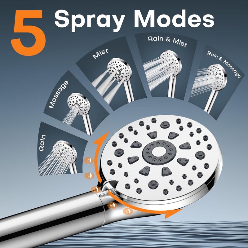 FEELSO Hard Water Filter Shower Head with 15 Layers Filtration & 1.5m Hose | 3 Modes Water Saving High Pressure Shower Heads for Residual Chlorine Remove ＆ Reduce Dry Itchy Skin Silver - Image 2