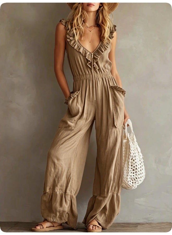 Solid Color Retro Sleeveless Ruffled Cotton-linen Casual Jumpsuit