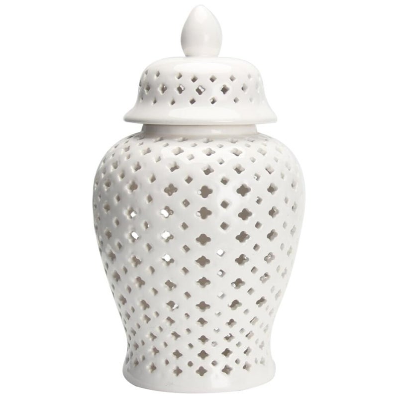 VOSAREA Ginger Jar Traditional Pierced Ginger Jar with Lid Ceramic Vase Carved Lattice Decorative Temple Jar White Ginger Jars for Home Decor