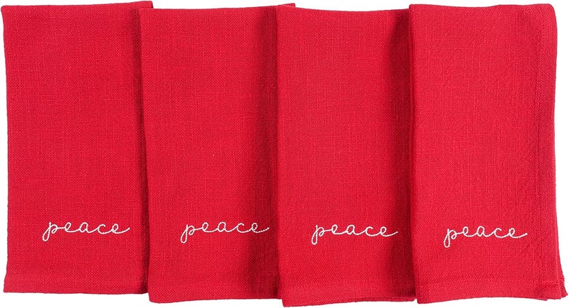KAF Home Embroidered Holiday Dinner Napkins  100 Cotton Enzyme Washed Slubbed Cloth Napkins  Set of 4 Peace - Image 1