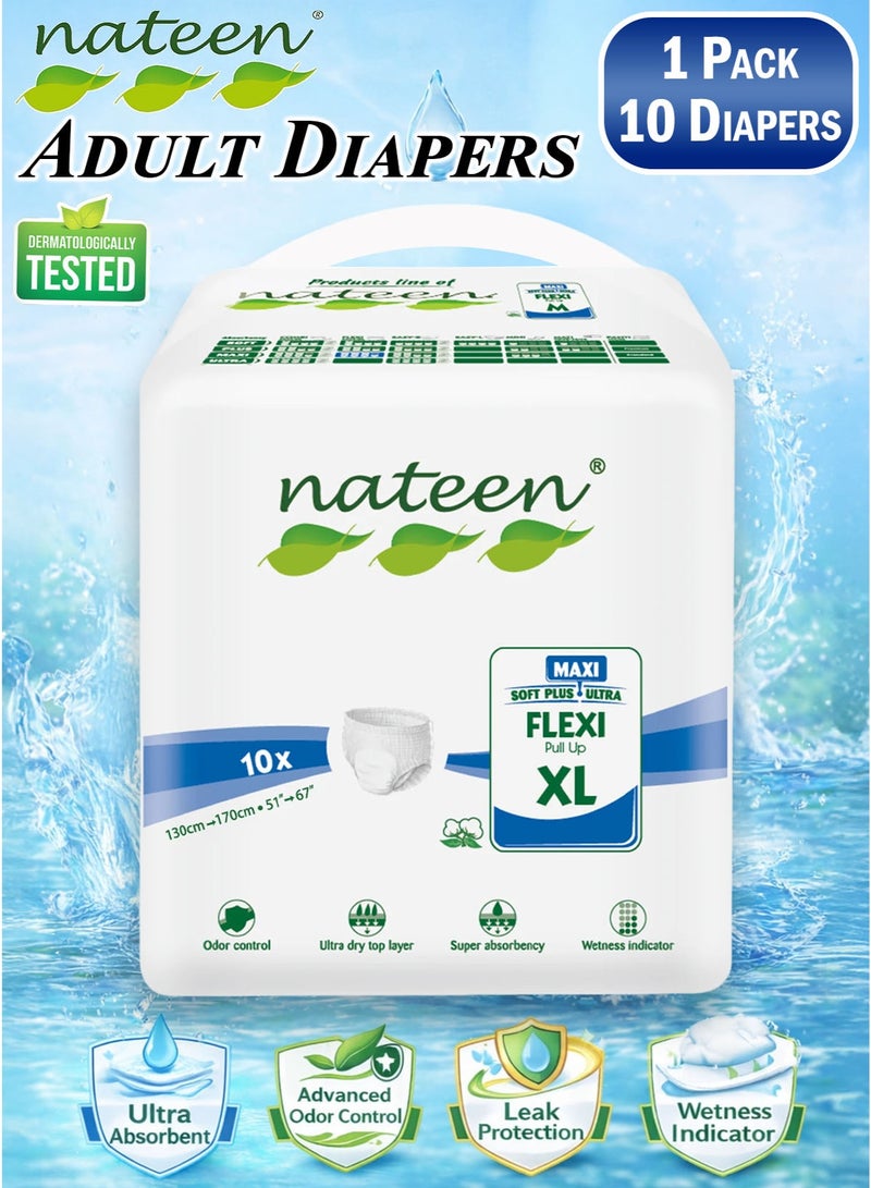 nateen 10 Count Pack of 1 Nateen Flexi Maxi Adult Diapers Pants Night Time Pull Up Extra Large Size Waist 130-170cm Disposable Incontinence Underwear for Men & Women, Ultra Absorbent 3850ml Overnight Adult Pull Ups with Odor Control Wetness Indicator Leak Guard Protection, Breathable Soft Rustle Free Adult Diaper Pants for Elderly Care Patient Care - Image 1