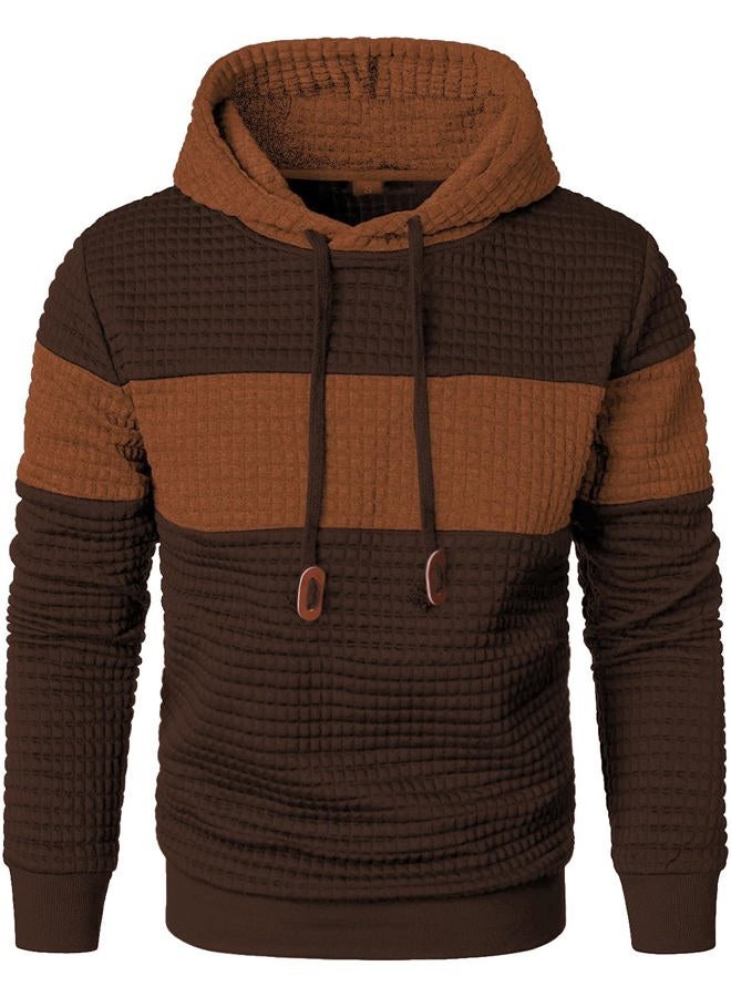 Qichic Men's Sweatshirts Long Sleeve Pullover Patchwork Plaid Jacquard Hoodie Casual Drawstring Hoody Top, Brown Orange, L - Image 2