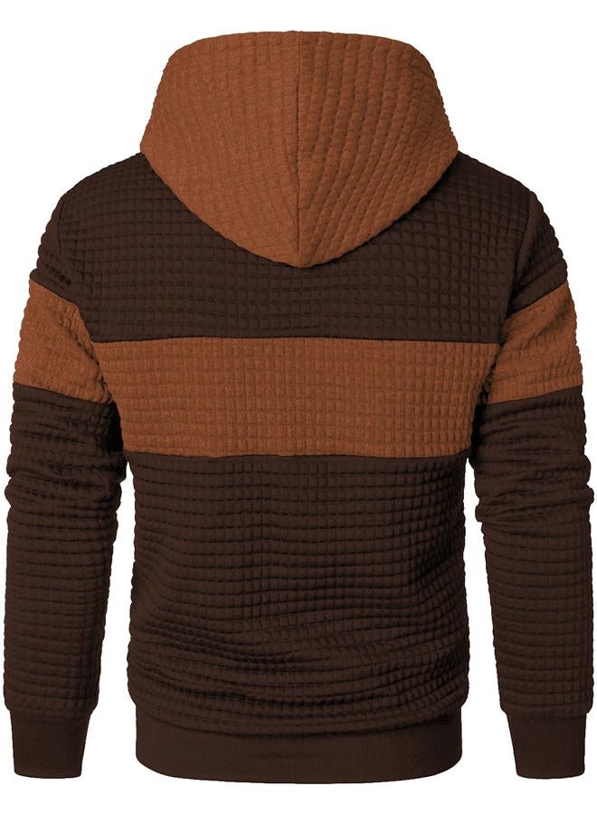 Qichic Men's Sweatshirts Long Sleeve Pullover Patchwork Plaid Jacquard Hoodie Casual Drawstring Hoody Top, Brown Orange, L - Image 3