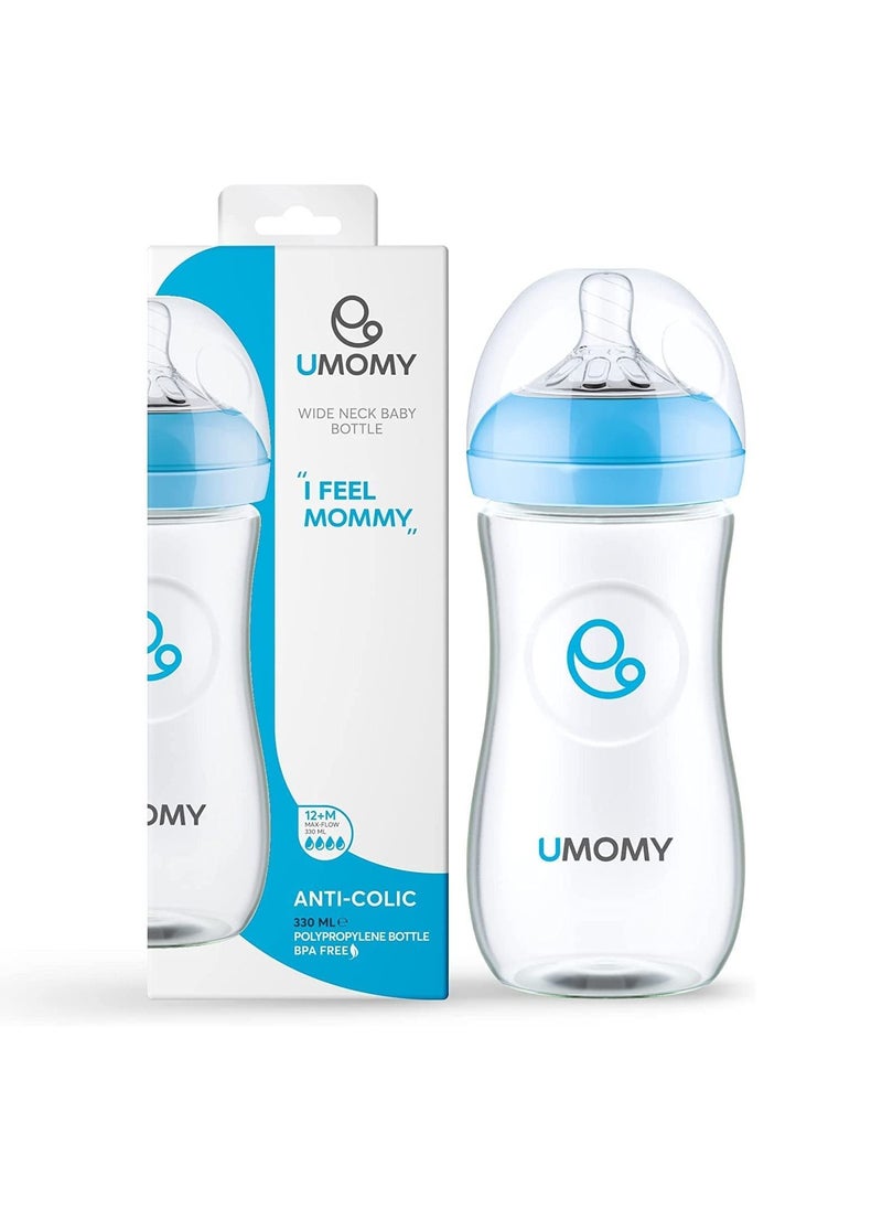Umomy - 12M Baby Bottles for Newborn, PP Anti-Colic Infant Bottles, Silicone Rubber Teat, Wide Neck Breast-Like Nipple, BPA Free Max Flow, Blue, 330ml - Image 1