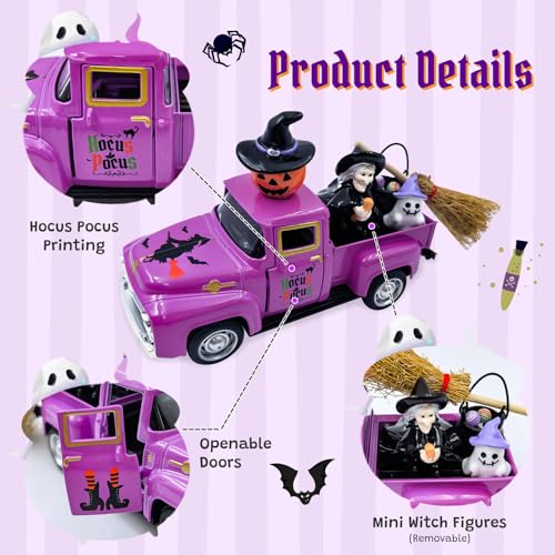 Teeloray Witch Halloween Decor Indoor Vintage Metal Truck with Mini Witches Pumpkin Cauldron Ghost Figures Purple Hocus Pocus Tiered Tray Decor Halloween Witch Table Decorations for Home Kitchen Mantel Shelf - Image 3