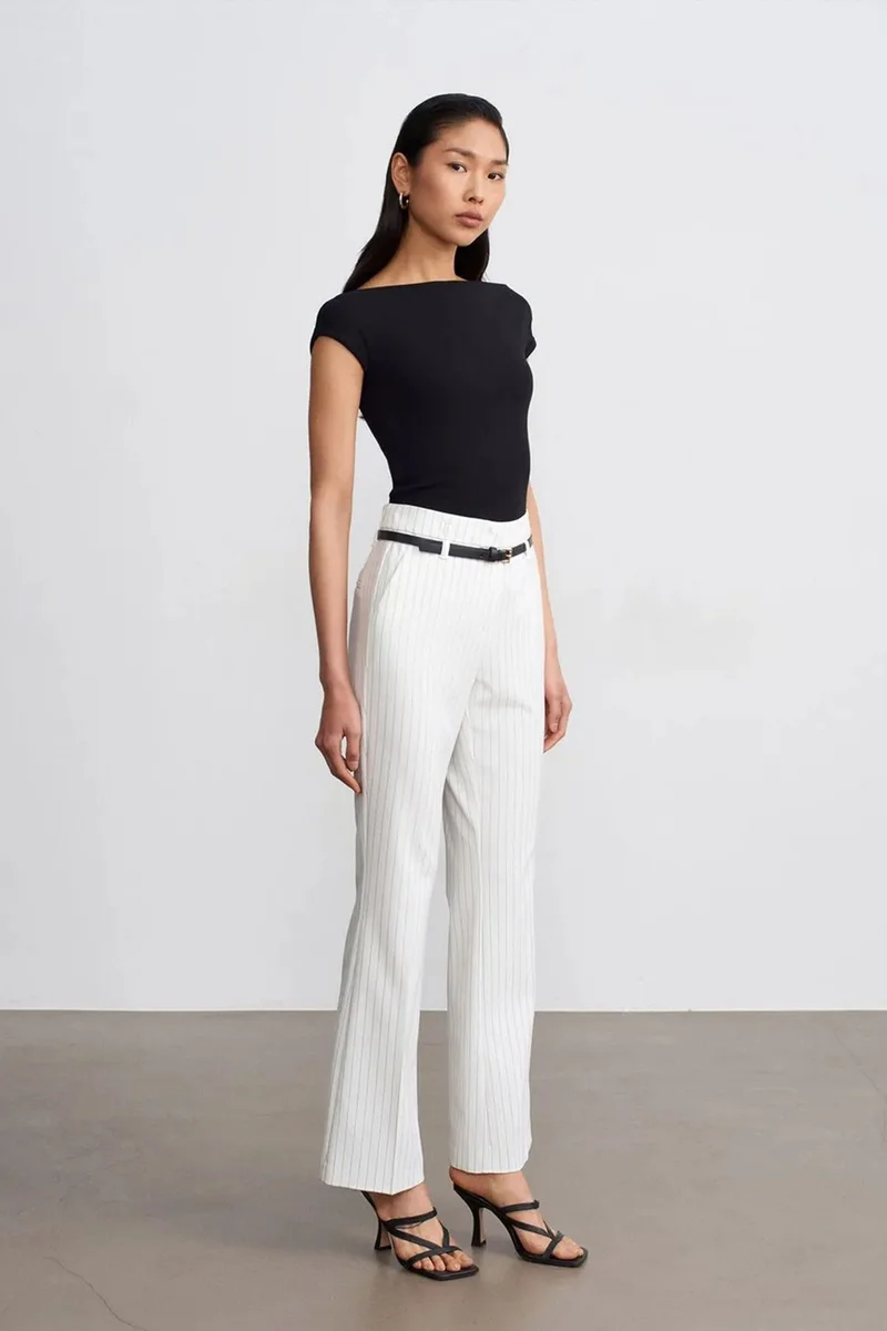 DILVIN High-waist Striped Flare Trousers With Belt