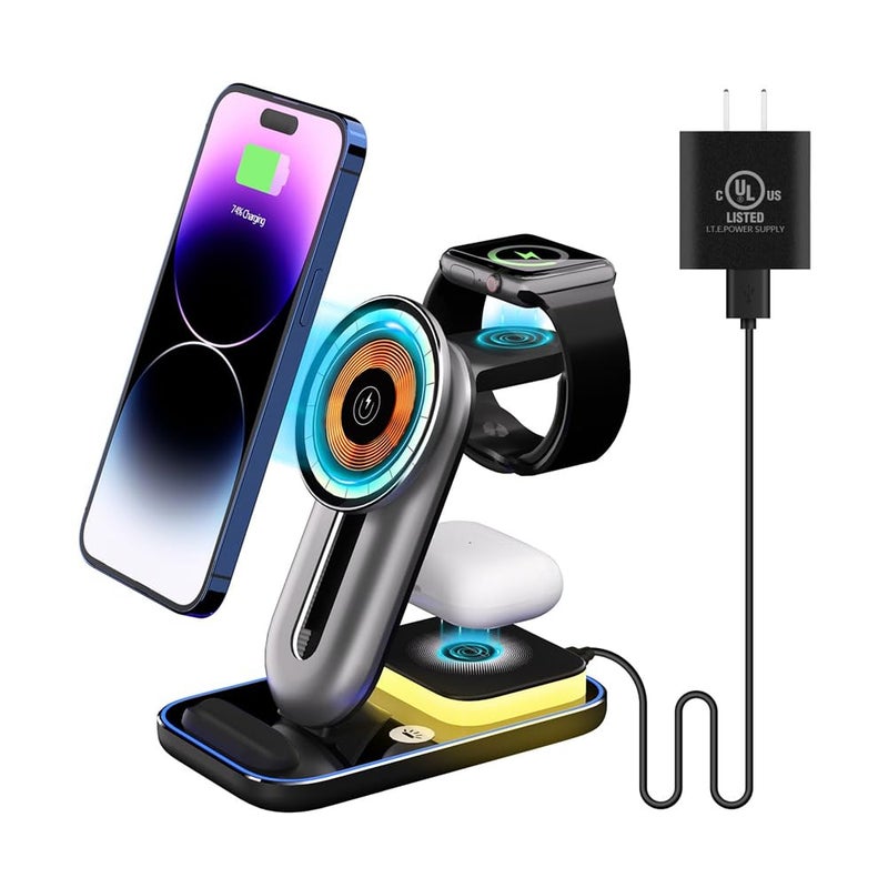 Luckam 4 in-1 Magnetic Wireless Ch ar ging Stand 15W Fast Cha rger with Adjustable Night Light for iPhone 14&13&12 Series/Pro/Pro Max/Mini, iWatch 7/6/SE/5/4/3/2, AirPods 3/2/Pro - Image 1