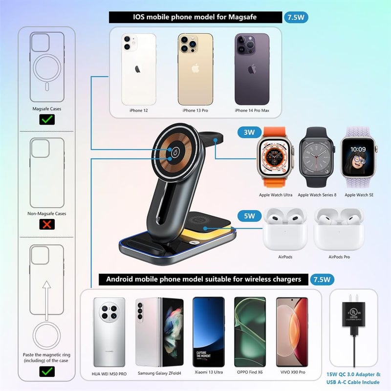 Luckam 4 in-1 Magnetic Wireless Ch ar ging Stand 15W Fast Cha rger with Adjustable Night Light for iPhone 14&13&12 Series/Pro/Pro Max/Mini, iWatch 7/6/SE/5/4/3/2, AirPods 3/2/Pro - Image 3